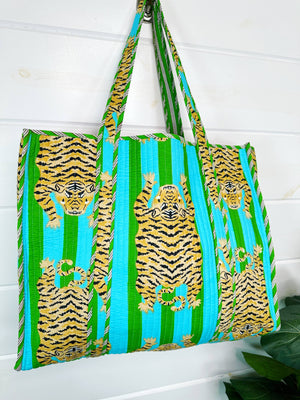 Green and Blue Tiger Quilted Tote Bag