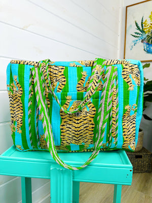 Green and Blue Striped Tiger Print Quilted Duffle Bag