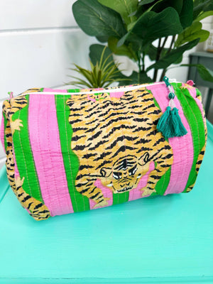 Pink and Green Tiger Print Cosmetic Bag