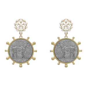 Horse Medallion Pearl Earrings