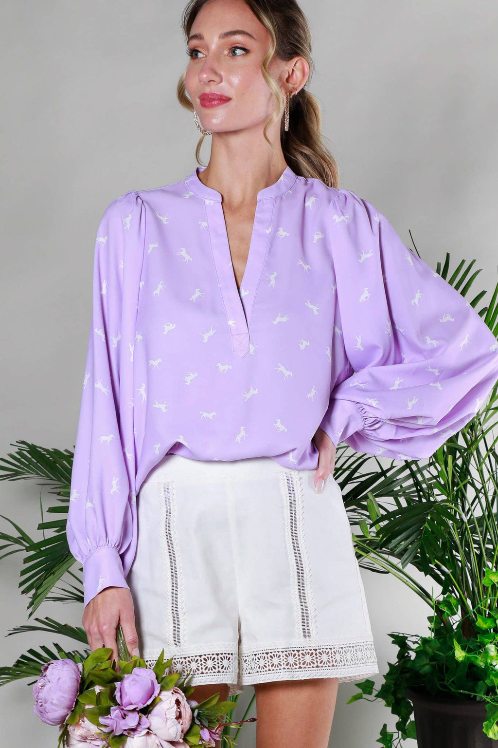 Horse Print Balloon Sleeve Blouse