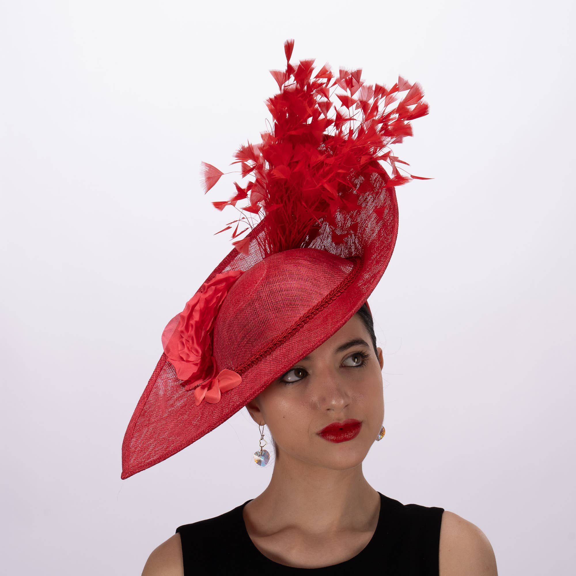 Sinamay Base With Flowers Feathers On The Brim - Red
