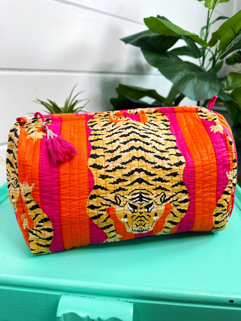 Orange Tiger Print Quilted Cosmetic Bag