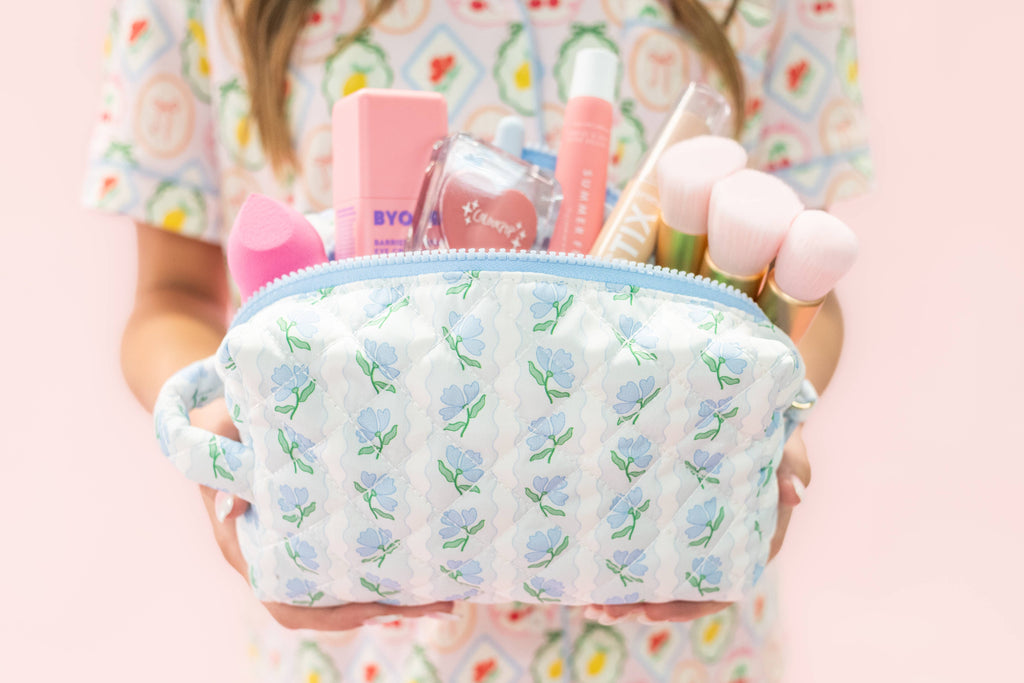 Quilted Cosmetic Pouch with Side Handle - Blue Belle Floral
