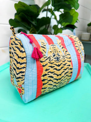 Blue and Tomato Striped Tiger Cosmetic Bag