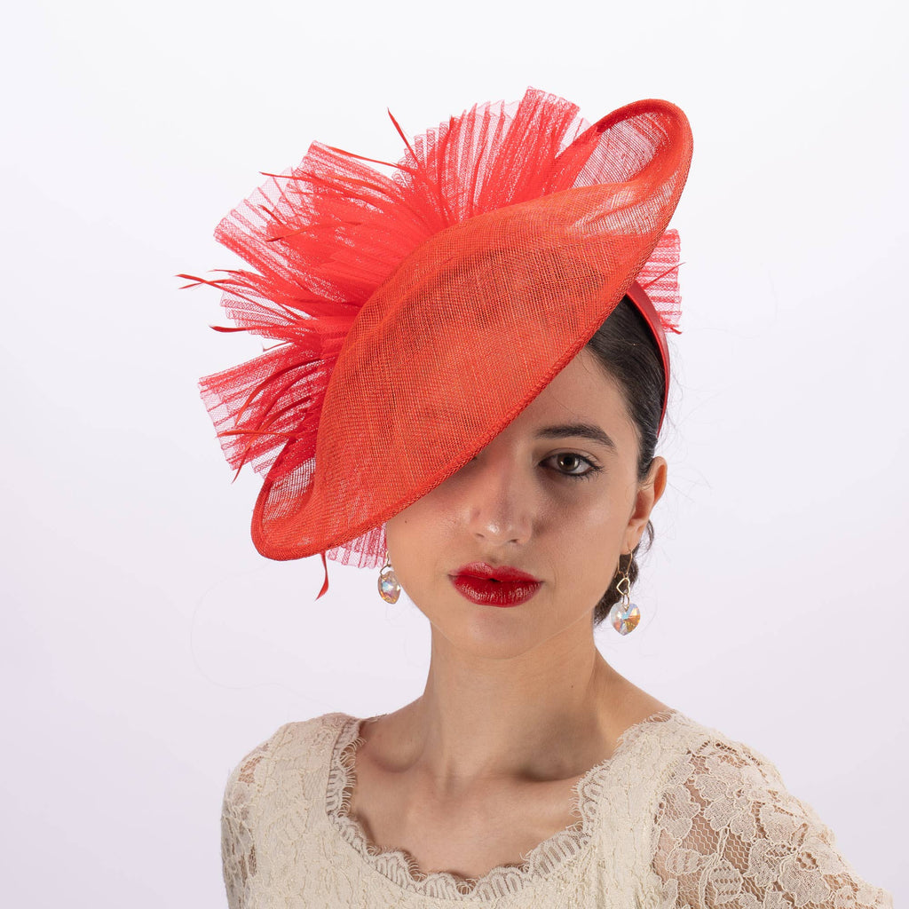 Large Sinamay Fascinator With Pleated Bow- white, red