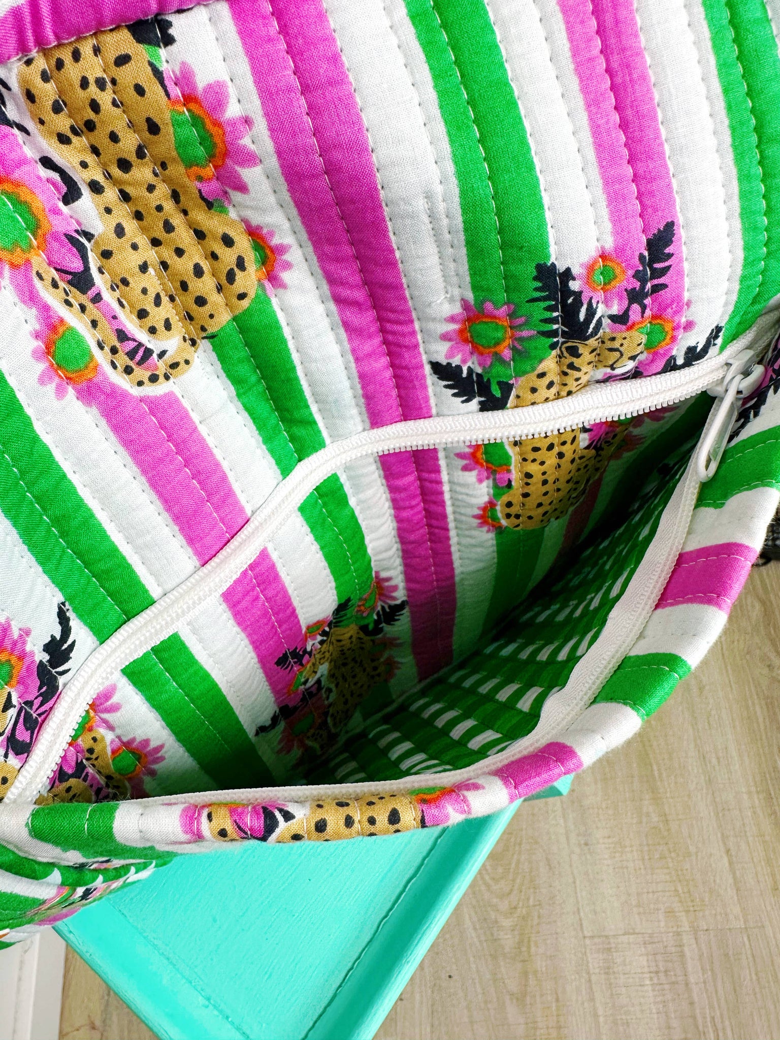 Pink and Green Jaguar Print Quilted Duffle Bag