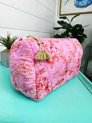Pink Floral Print Diamond Quilted Travel Cosmetics Bag