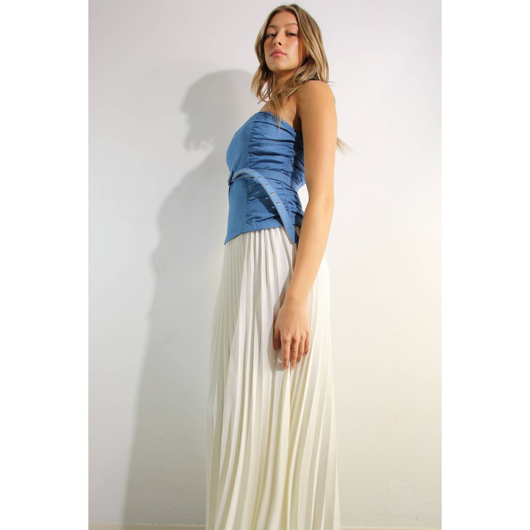Denim Contrast Pleated Tube Dress
