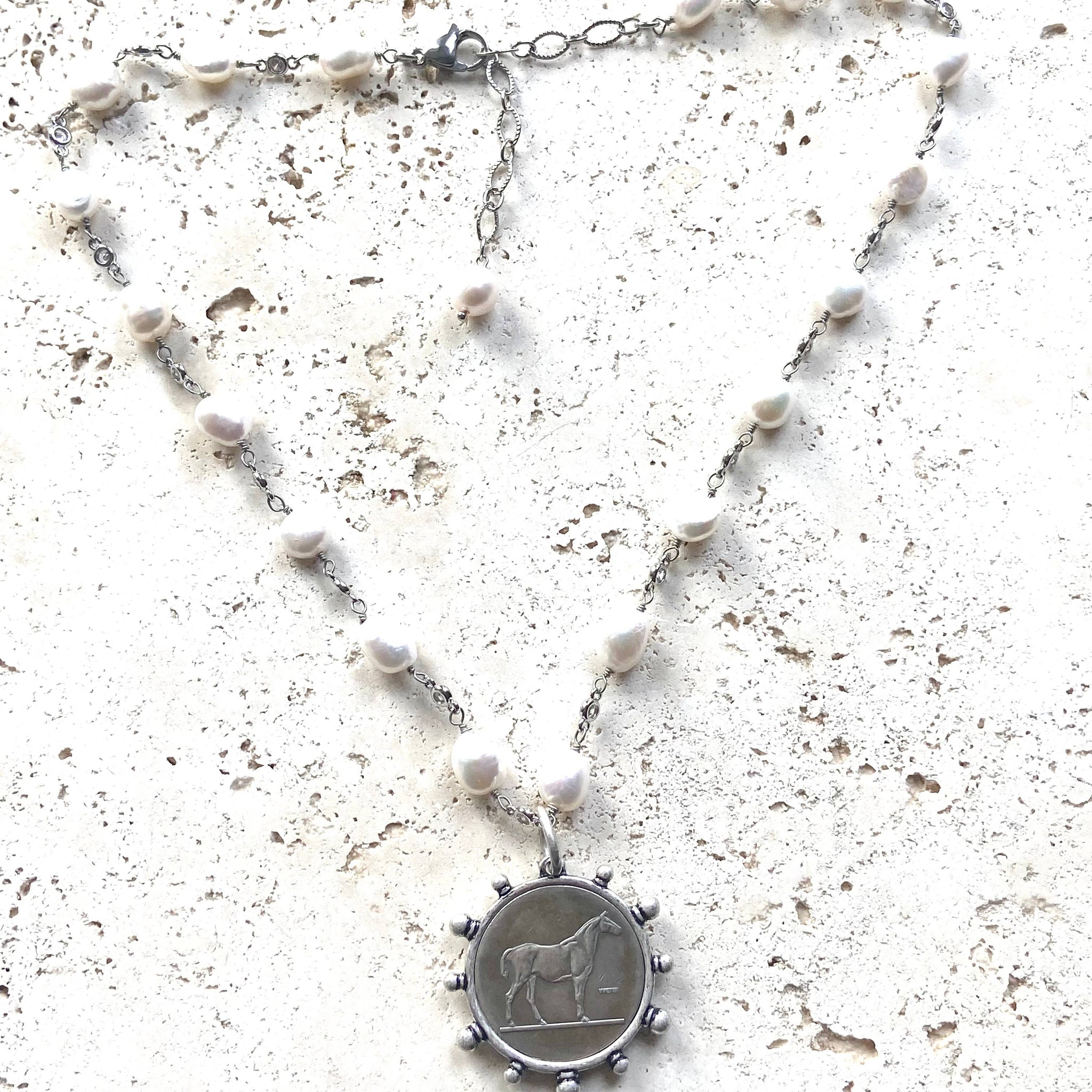 Genuine Freshwater Pearl French Horse Coin Necklace