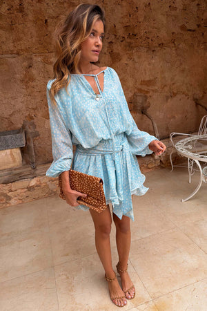 ella sky blue mesh mini dress House of CB + Ella Sky Blue Printed Ruched Organza Mesh Mini Dress