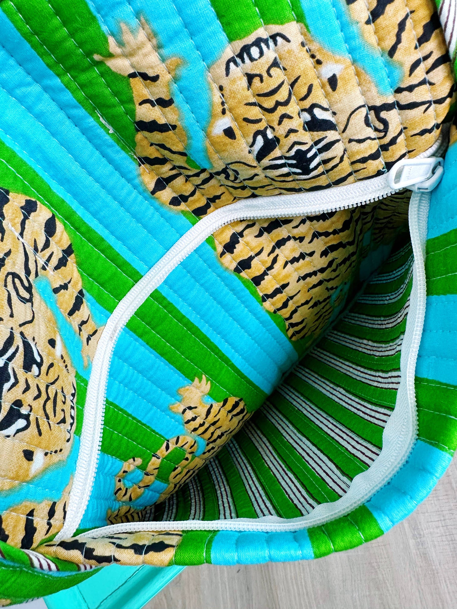 Green and Blue Striped Tiger Print Quilted Duffle Bag
