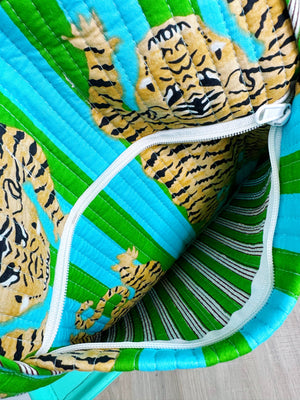 Green and Blue Striped Tiger Print Quilted Duffle Bag