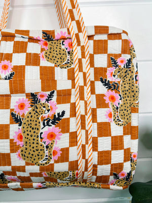 Gold Checkered Jaguar Print Quilted Duffle Bag