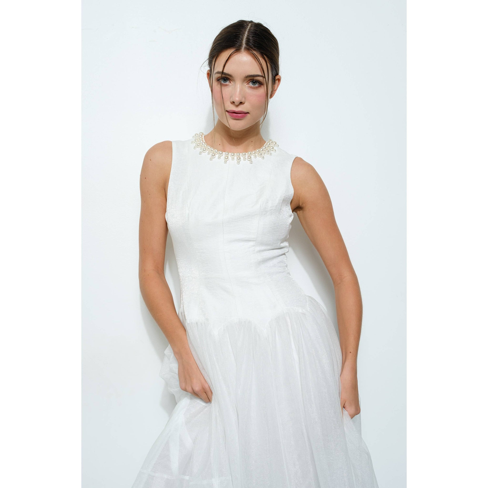 Pearl Embellished Tulle Midi Dress