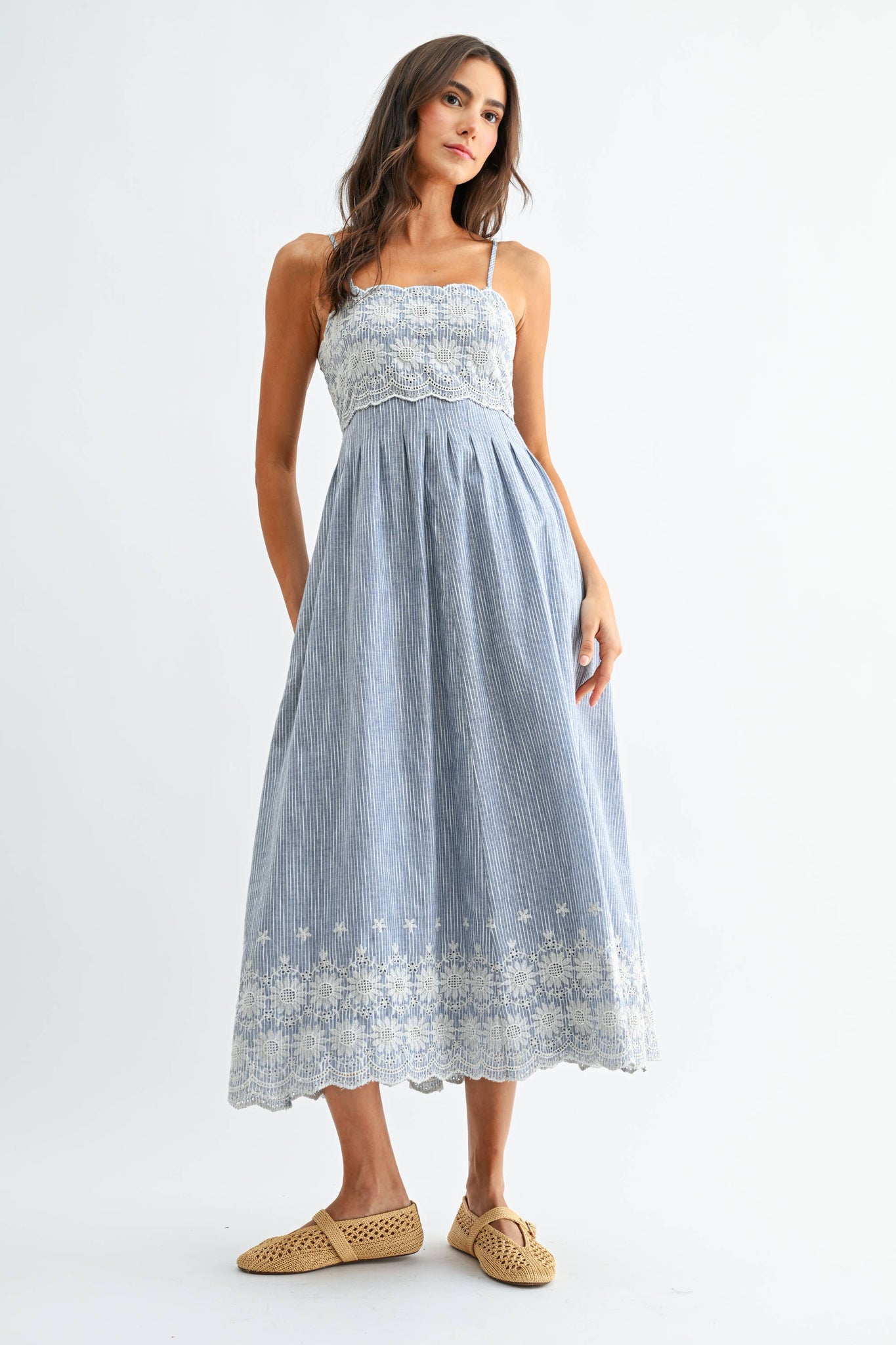 Pinstripe Embroidered Midi Dress – Miss Scarlett Boutique