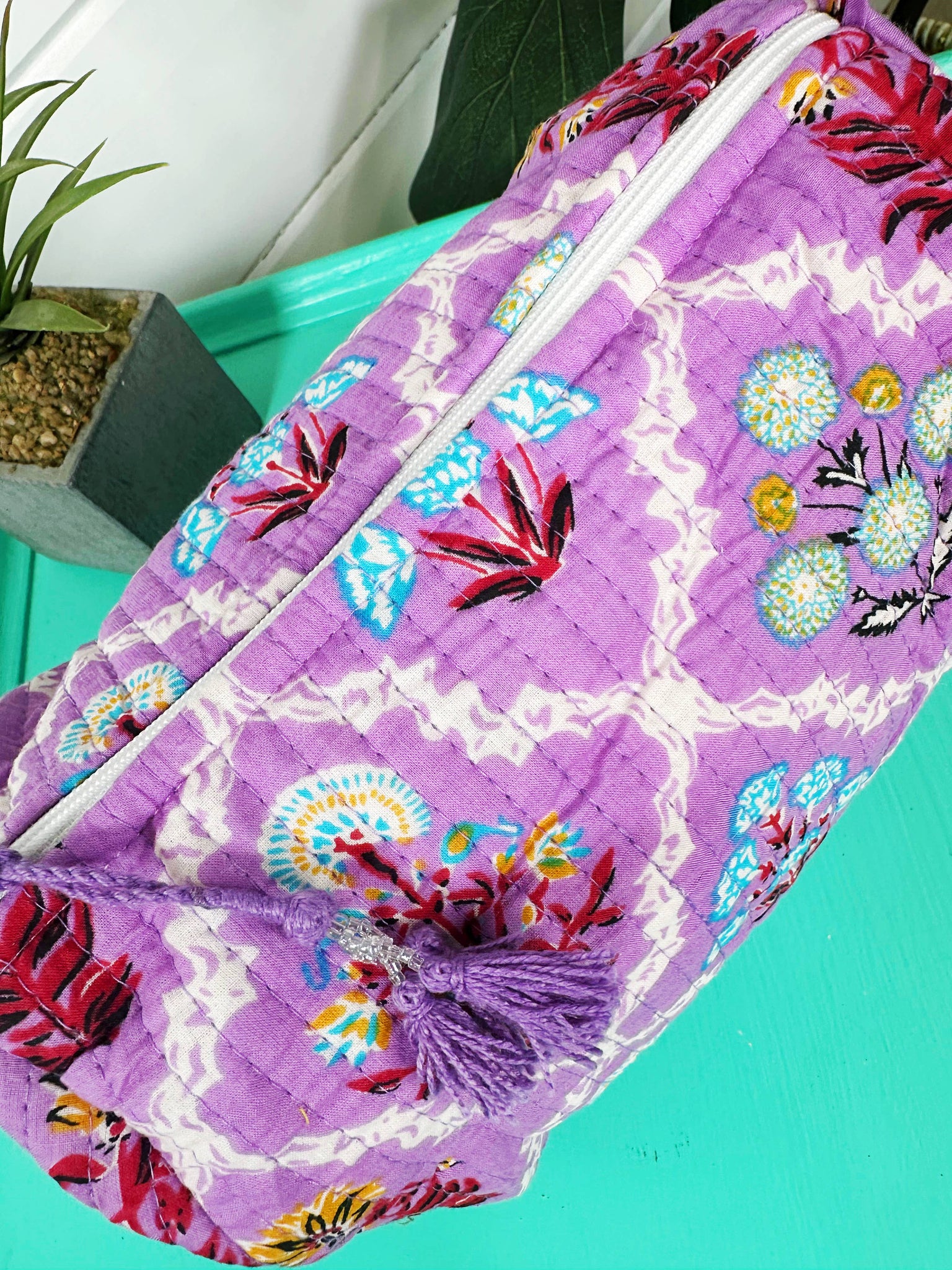 Purple Wildflower Quilted Cosmetic Bag