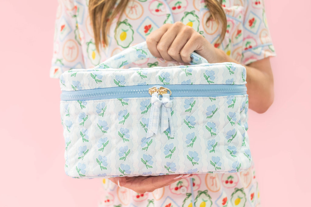 Quilted Cosmetic Bag with Top Handle - Blue Belle Floral