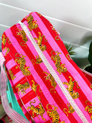 Pink Striped Quilted Tiger Print Duffle Bag