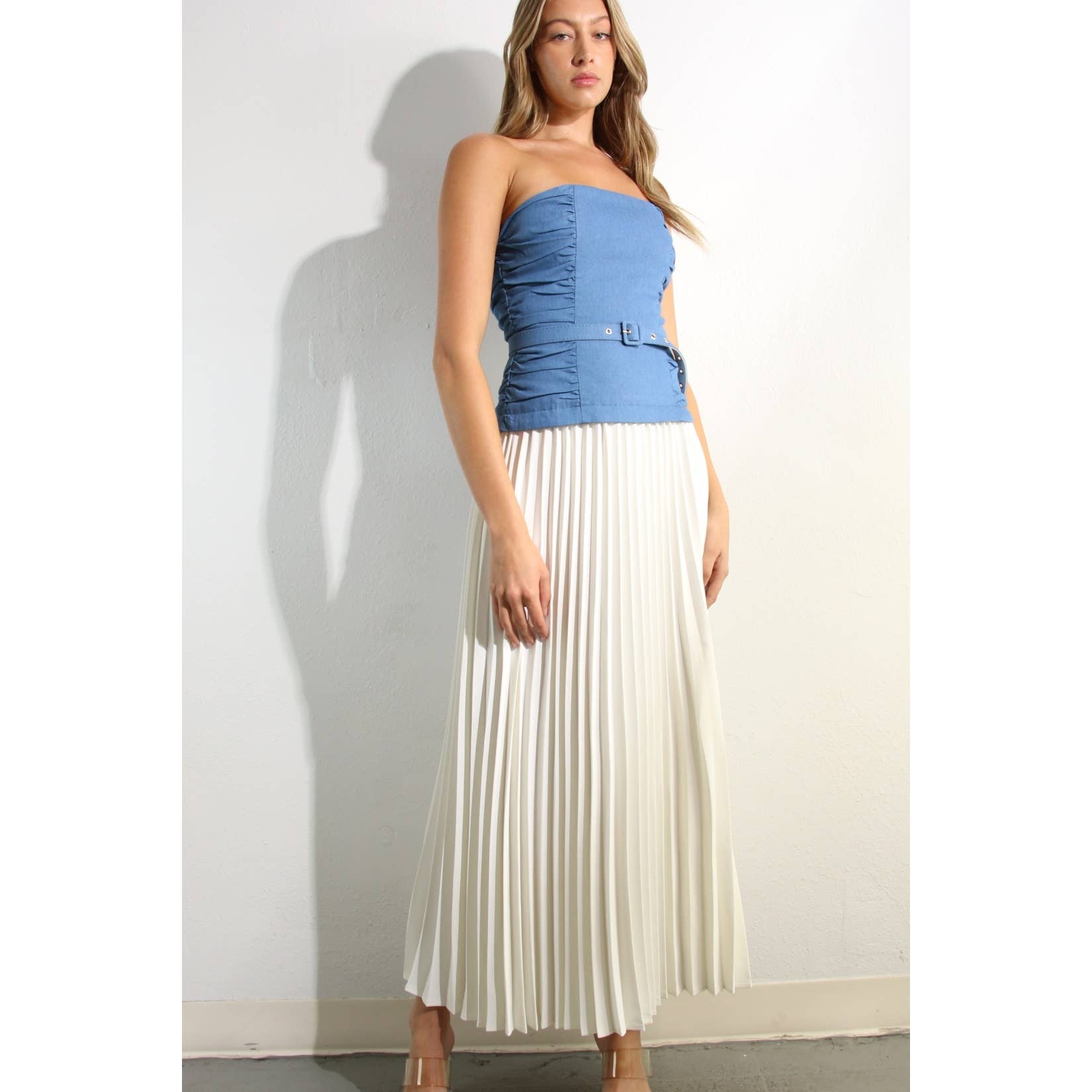 Denim Contrast Pleated Tube Dress