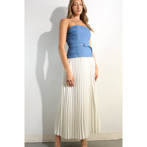Denim Contrast Pleated Tube Dress