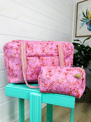 Pink Floral Print Diamond Quilted Travel Cosmetics Bag