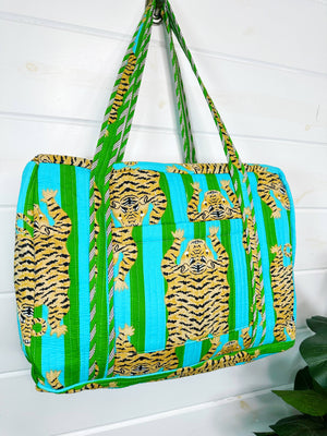 Green and Blue Striped Tiger Print Quilted Duffle Bag