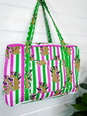Pink and Green Jaguar Print Quilted Duffle Bag