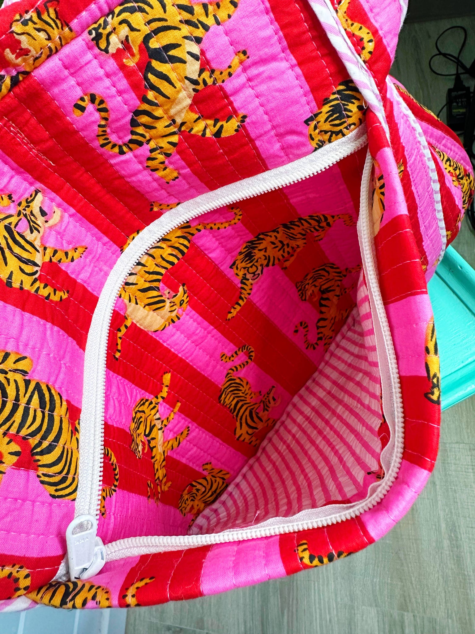 Pink Striped Quilted Tiger Print Duffle Bag