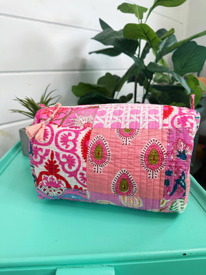 Pink Patchwork Quilted Cosmetic Bag