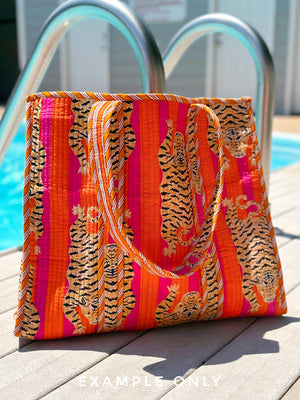 Orange Quilted Tiger Print Tote Bag