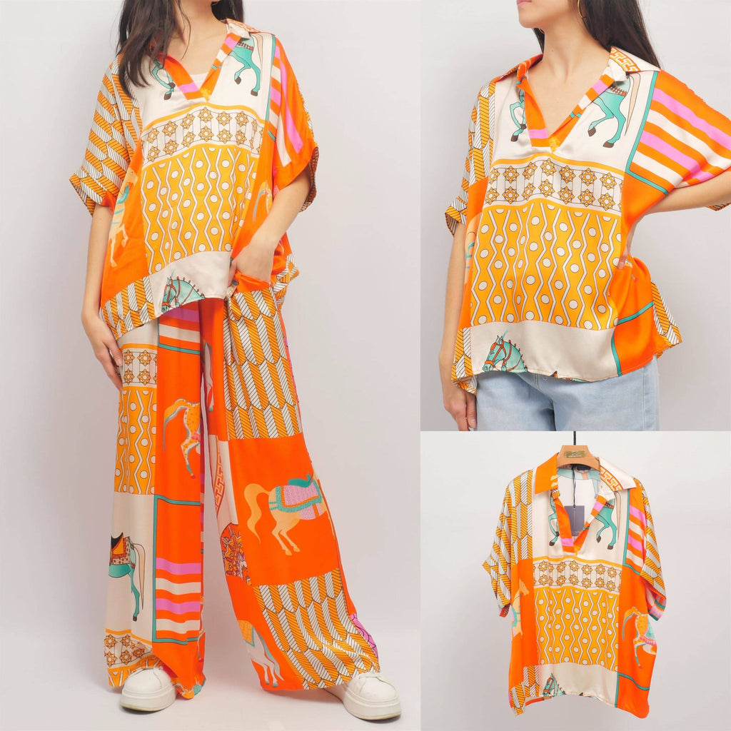 Oversized Silk Viscose Top - Black, Orange & Blue