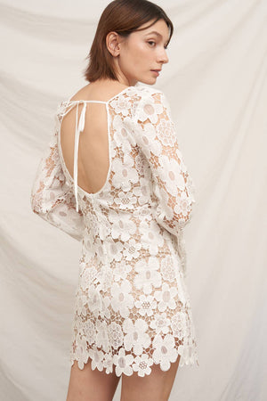 white bell sleeve mini dress The Daisy Bell Sleeve Crochet Mini Dress