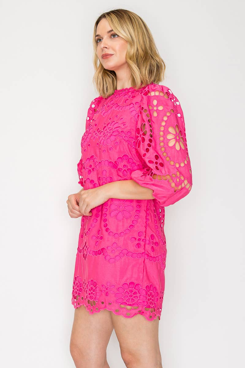 Dragonfruit Pink Daisy Eyelet Mini Dress