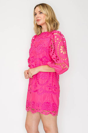 Dragonfruit Pink Daisy Eyelet Mini Dress