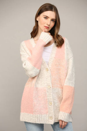 Cube Colorblock Button Closure Cardigan