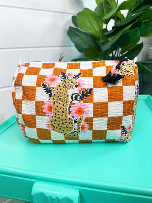 Gold Checkered Jaguar Print Quilted Cosmetics Bag