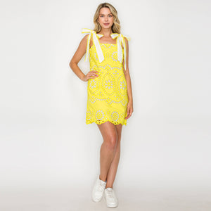 Yellow Daisy Eyelet Embroidery Mini Dress