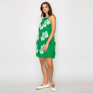 Green Leaves Placement Print Mini Halter Dress