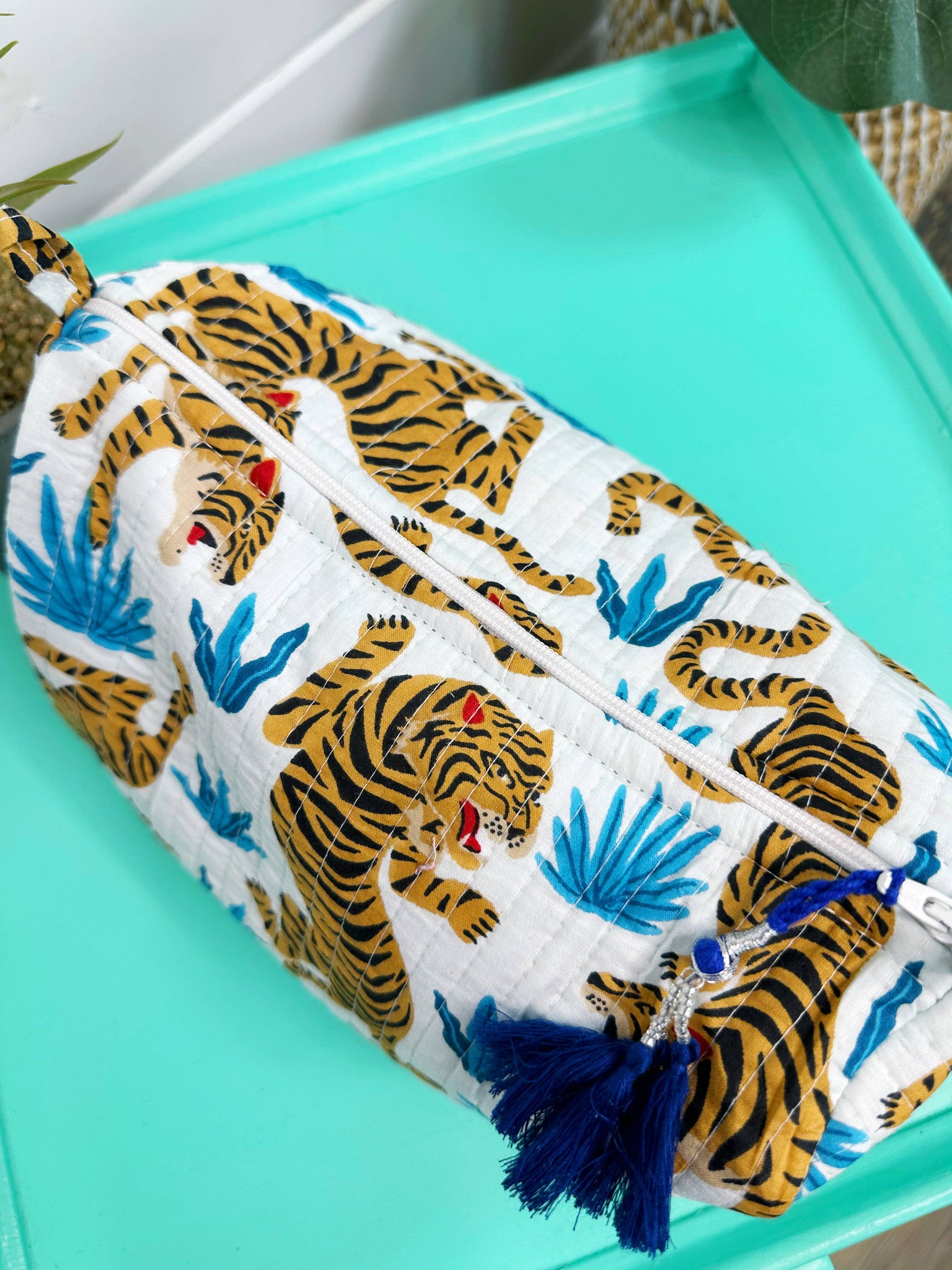 White Tiger Quilted Cosmetic Bag