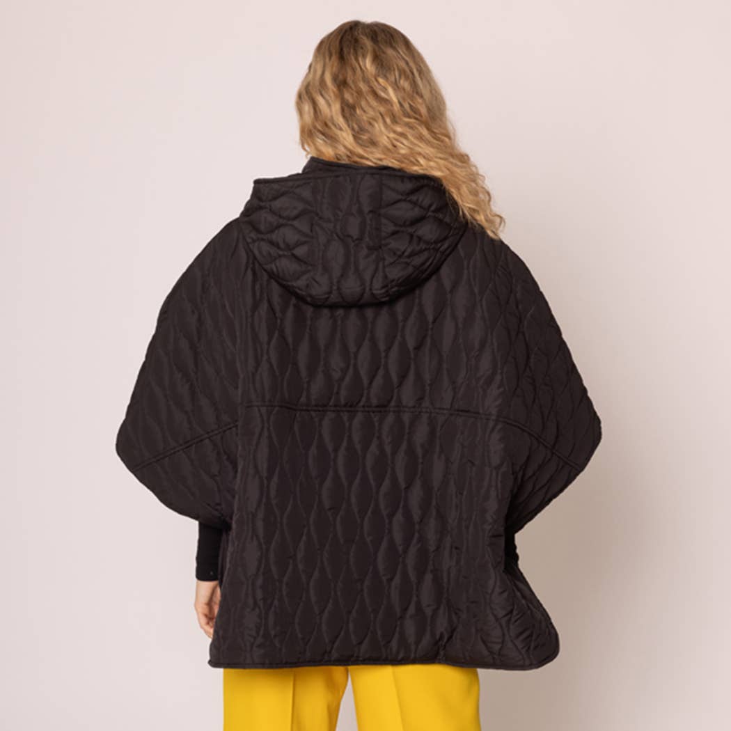 Black Quilted Padded Hoodie Poncho Cape
