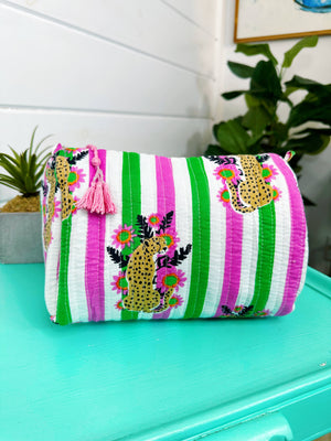 Pink and Green Jaguar Print Quilted Cosmetics Bag
