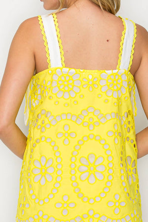 Yellow Daisy Eyelet Embroidery Mini Dress