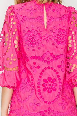 Dragonfruit Pink Daisy Eyelet Mini Dress