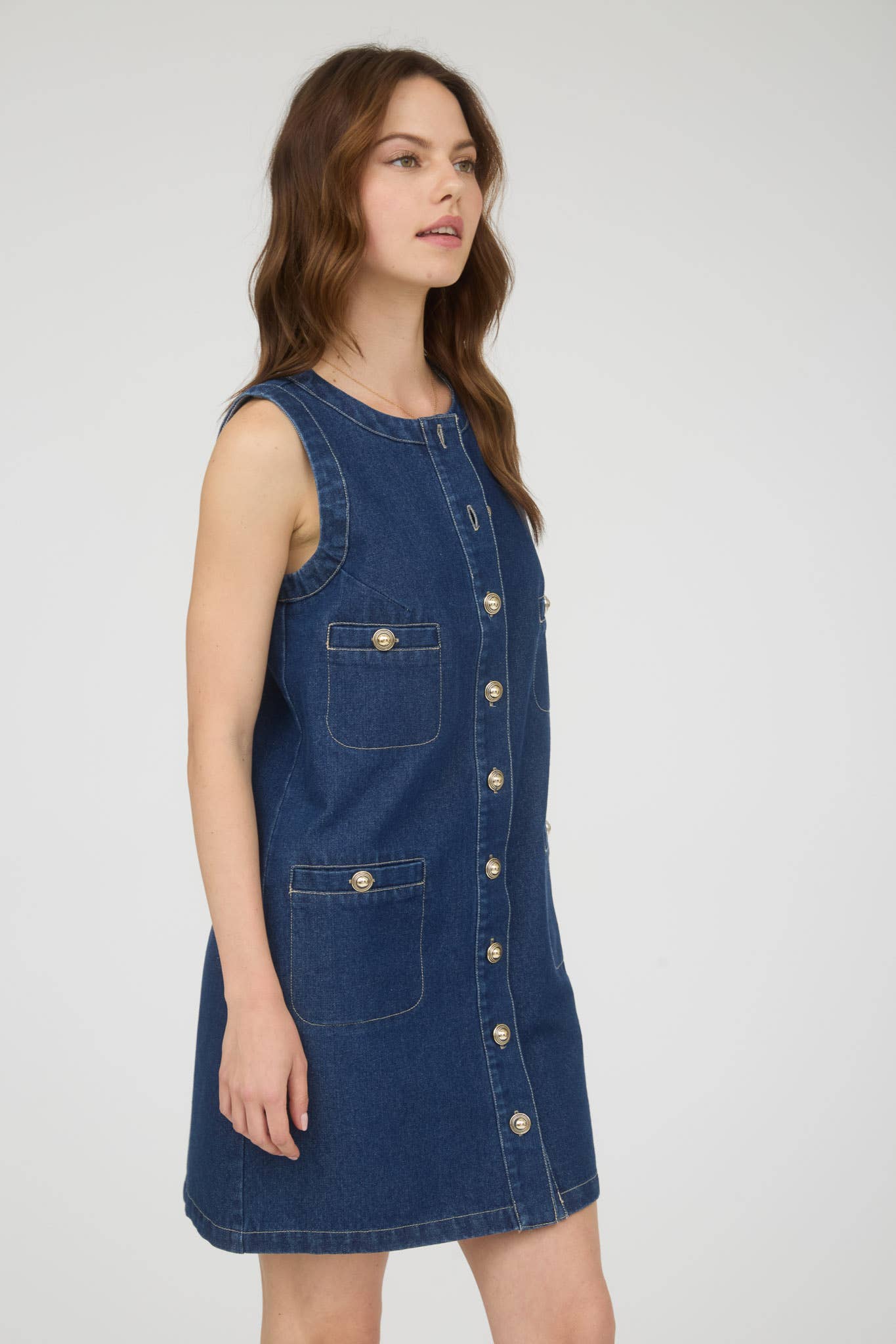 Gold Button Denim Mini Dress