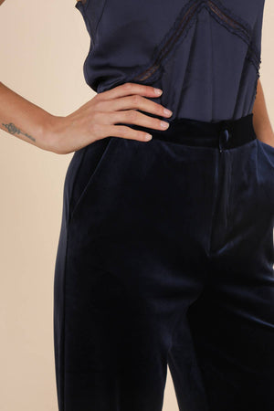 Straight cut high waist velvet pants- Navy