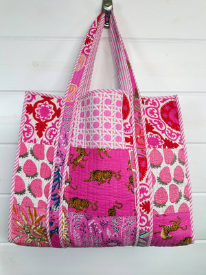 Pink Patchwork Quilted Tote Bag