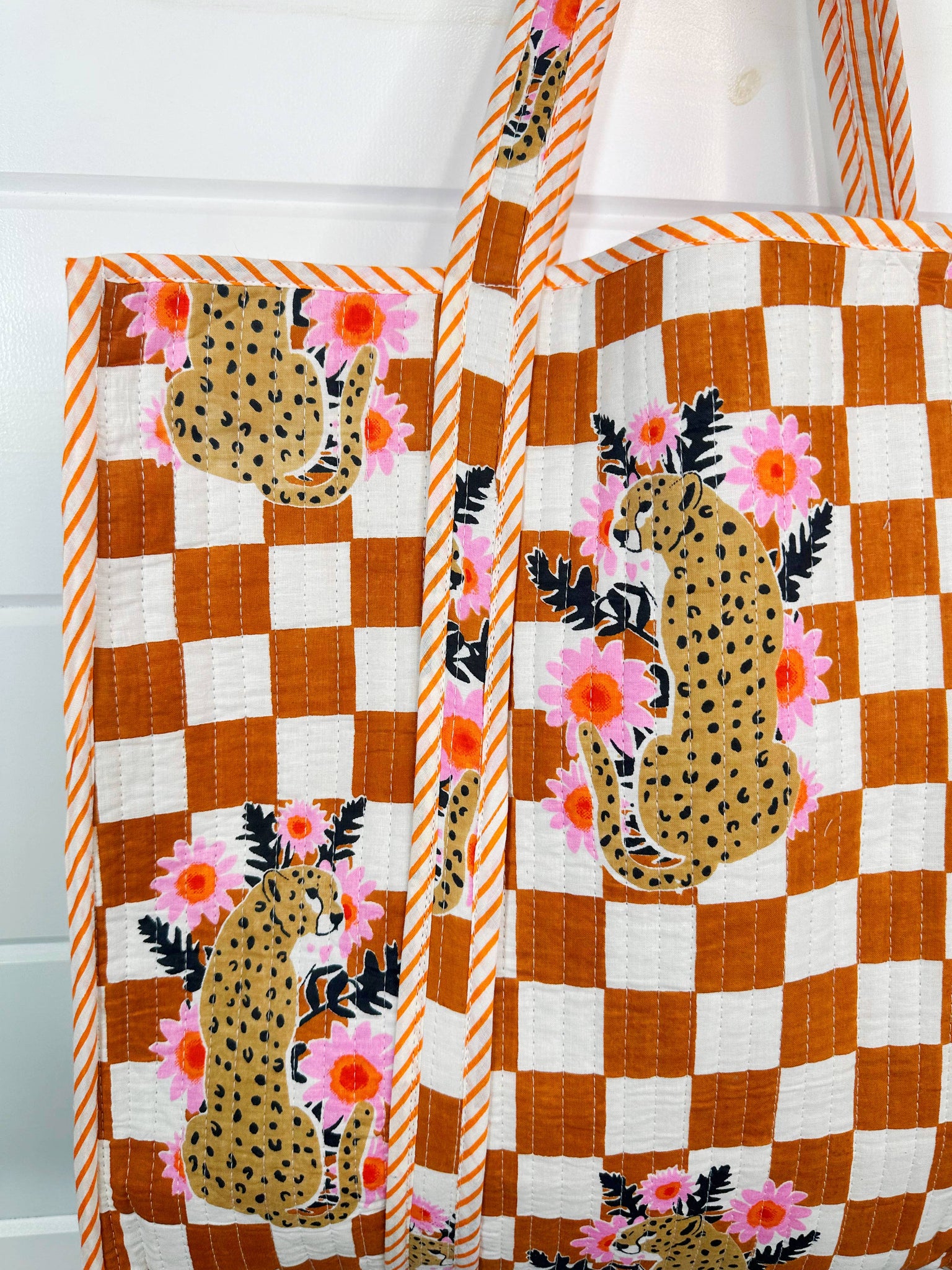Gold Checkered Jaguar Quilted Tote Bag