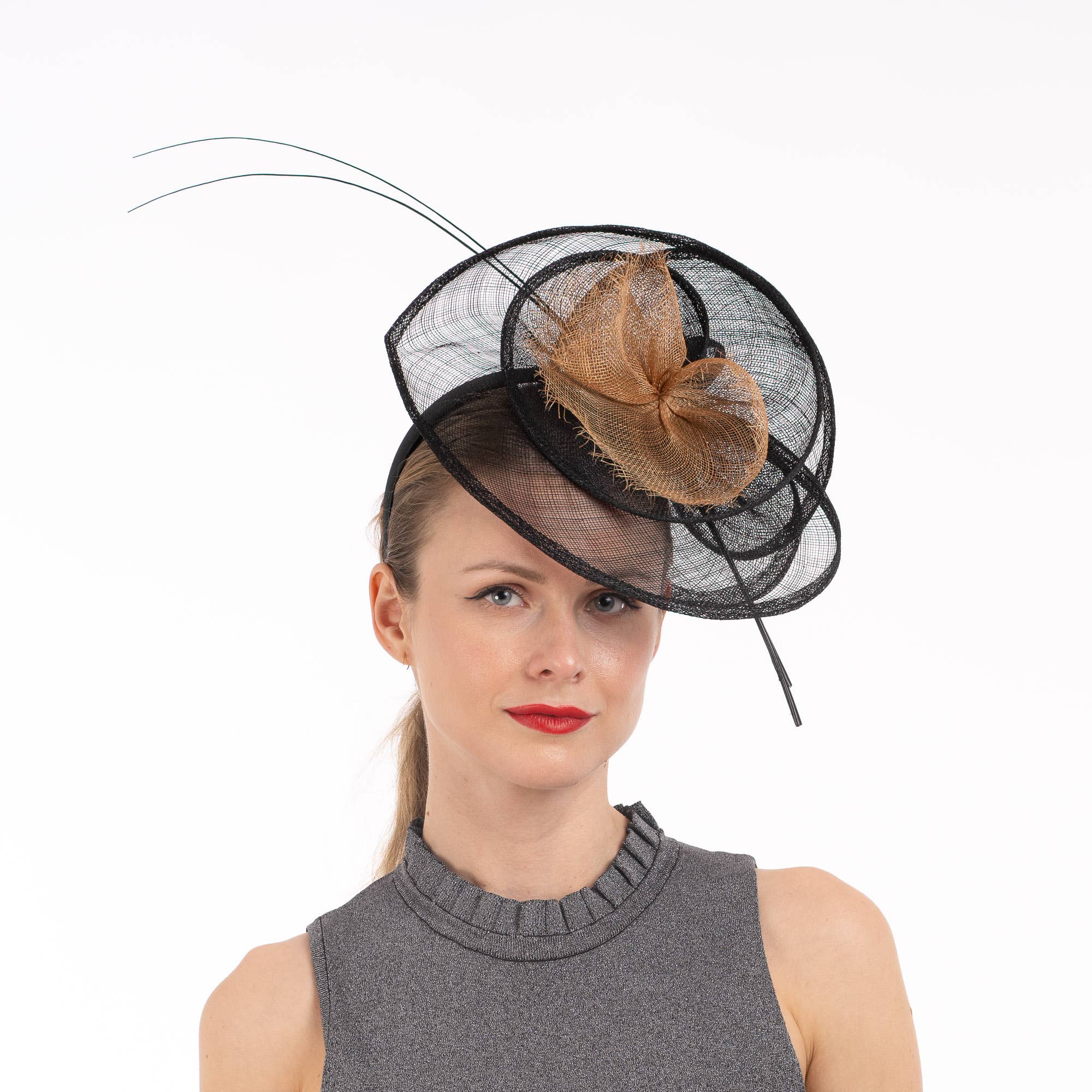 2Tone Sinamay Fascinator With 2 Quill Stick Feathers
