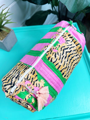 Pink and Green Tiger Print Cosmetic Bag
